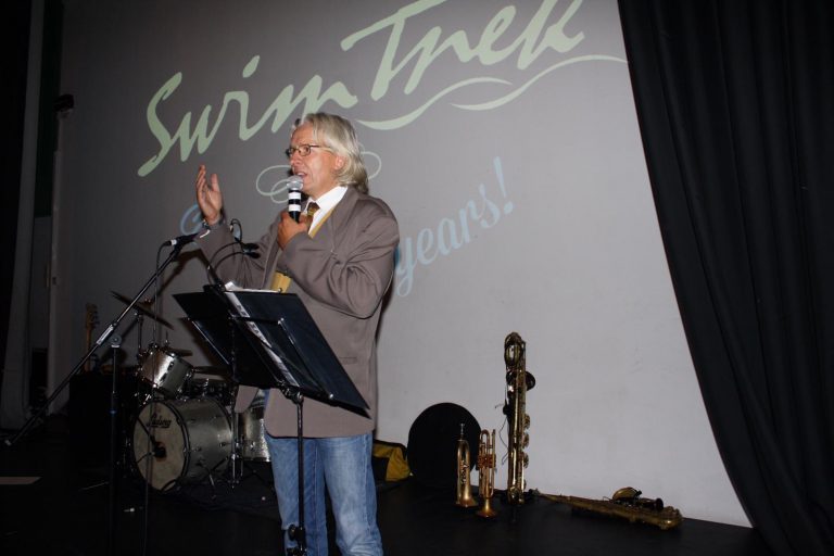Delivering a talk at SwimTrek 10th Anniversary Party